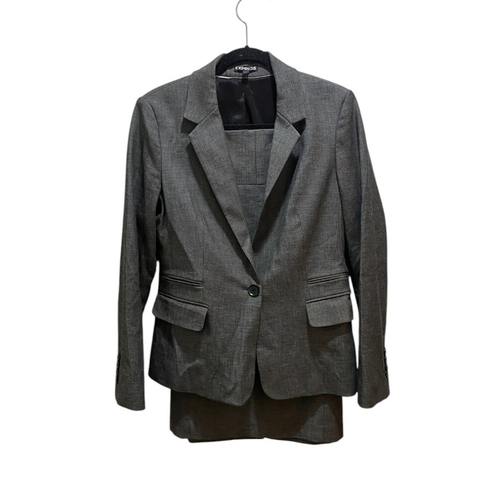 Express Studio Stretch Gray Suit Set Blazer & Pencil Skirt Size 12